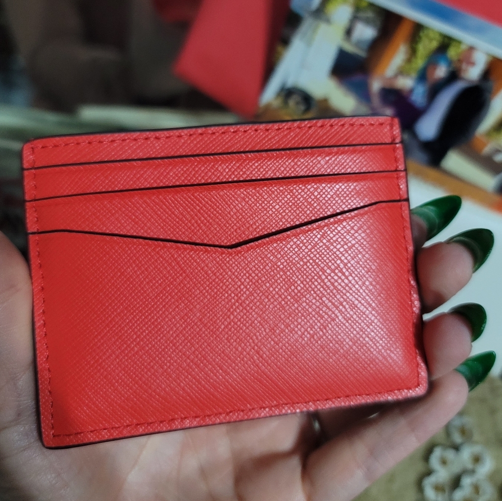 Kate Spade ♠️ Staci Small Slim Card Holder - Bright Melon Red & Silver KSNY Logo - Picture 11 of 11